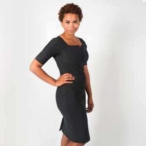 Betabrand Gray Pinstripe Stretch Sheath Dress Square Neck Work Office Medium NWT